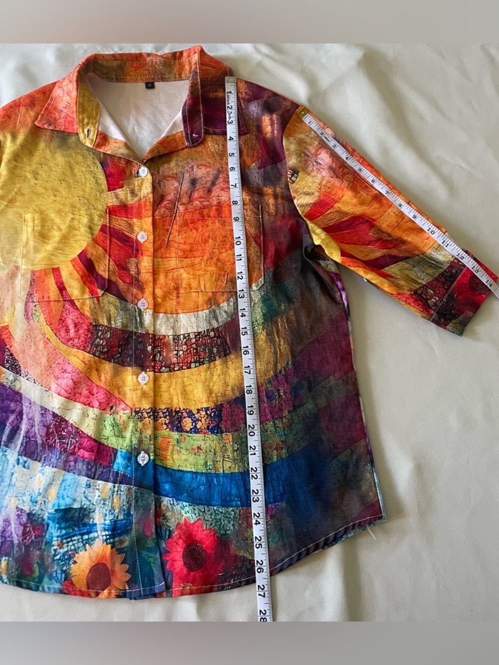 Colorful Abstract Button Up Shirt Sun Print Artsy Lightweight Blouse S - Picture 7 of 7